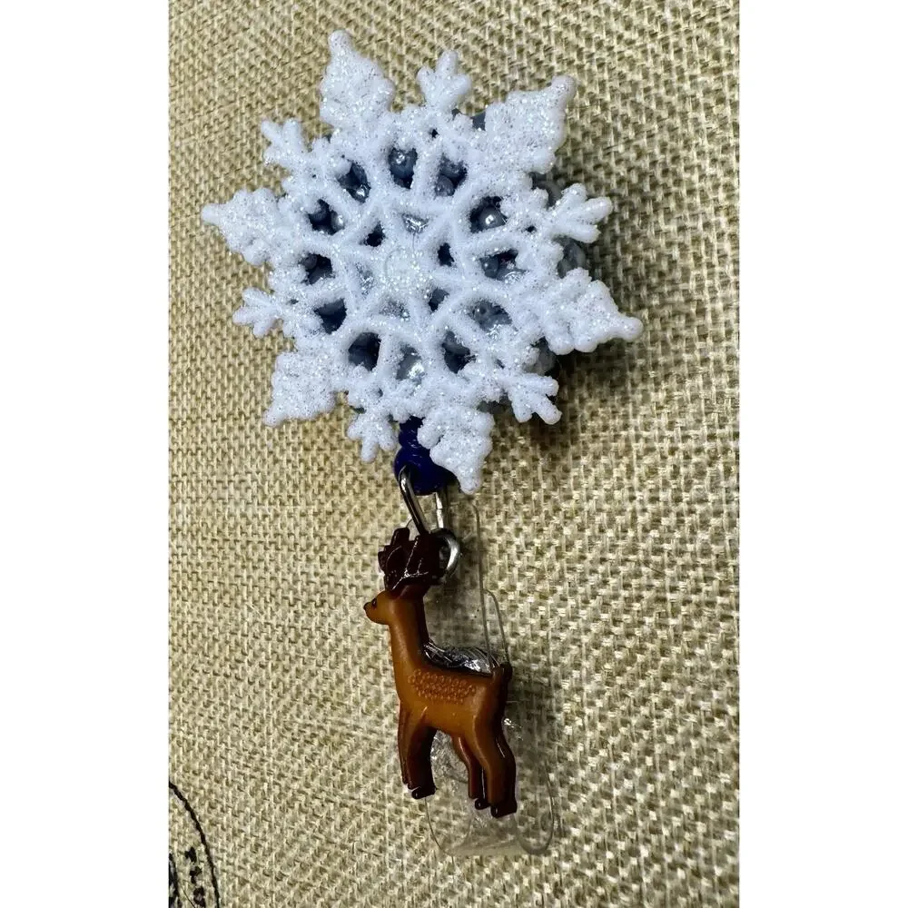 Snowflake On Blue Pearls with Deer Retractable Badge Holder Handmade